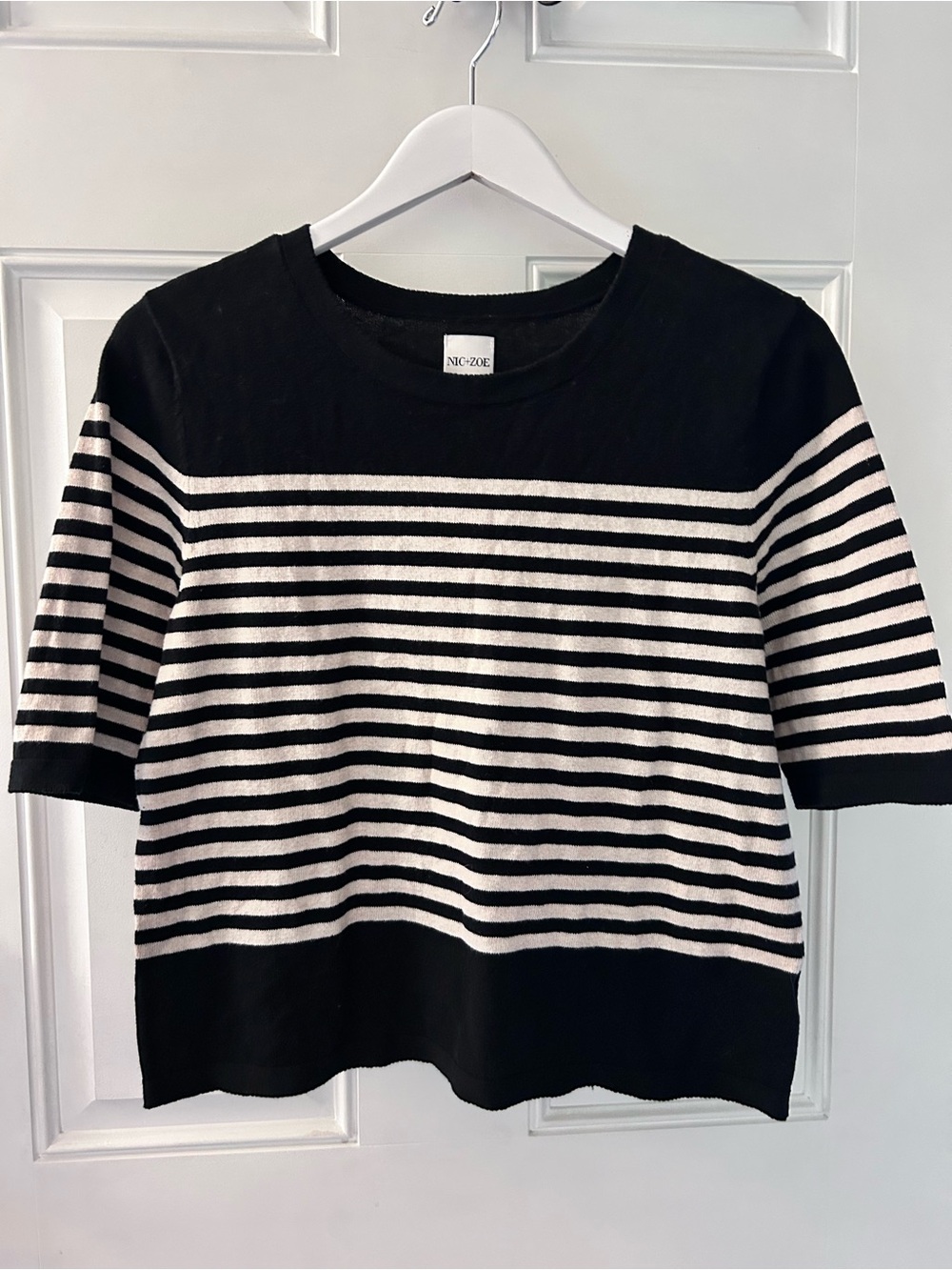 NIC+ZOE Black and White Striped Short Sleeve Top